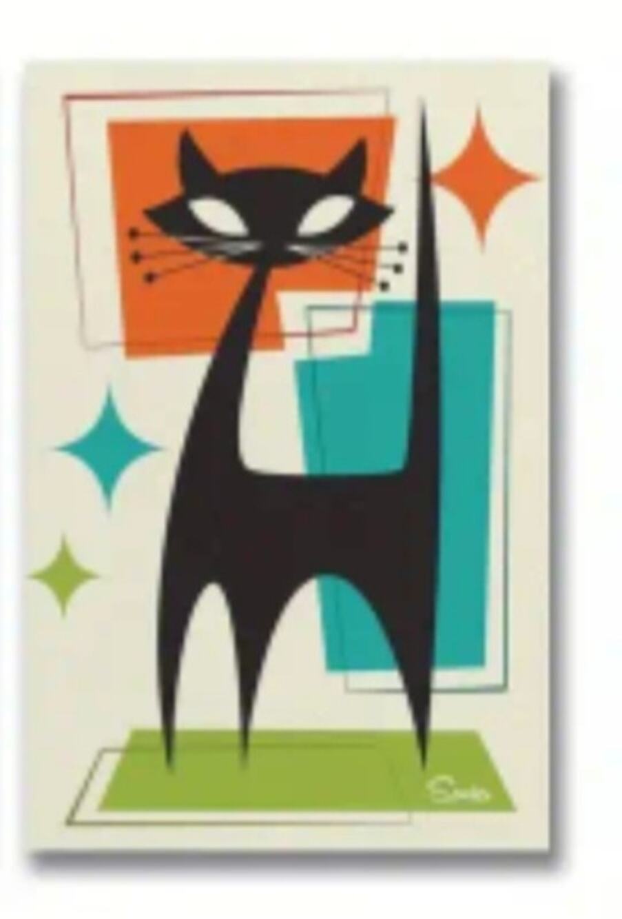 MCM Atomic Cat Canvas Art Print 12×18" Mid Century Modern 50s-60s Geometric Gift